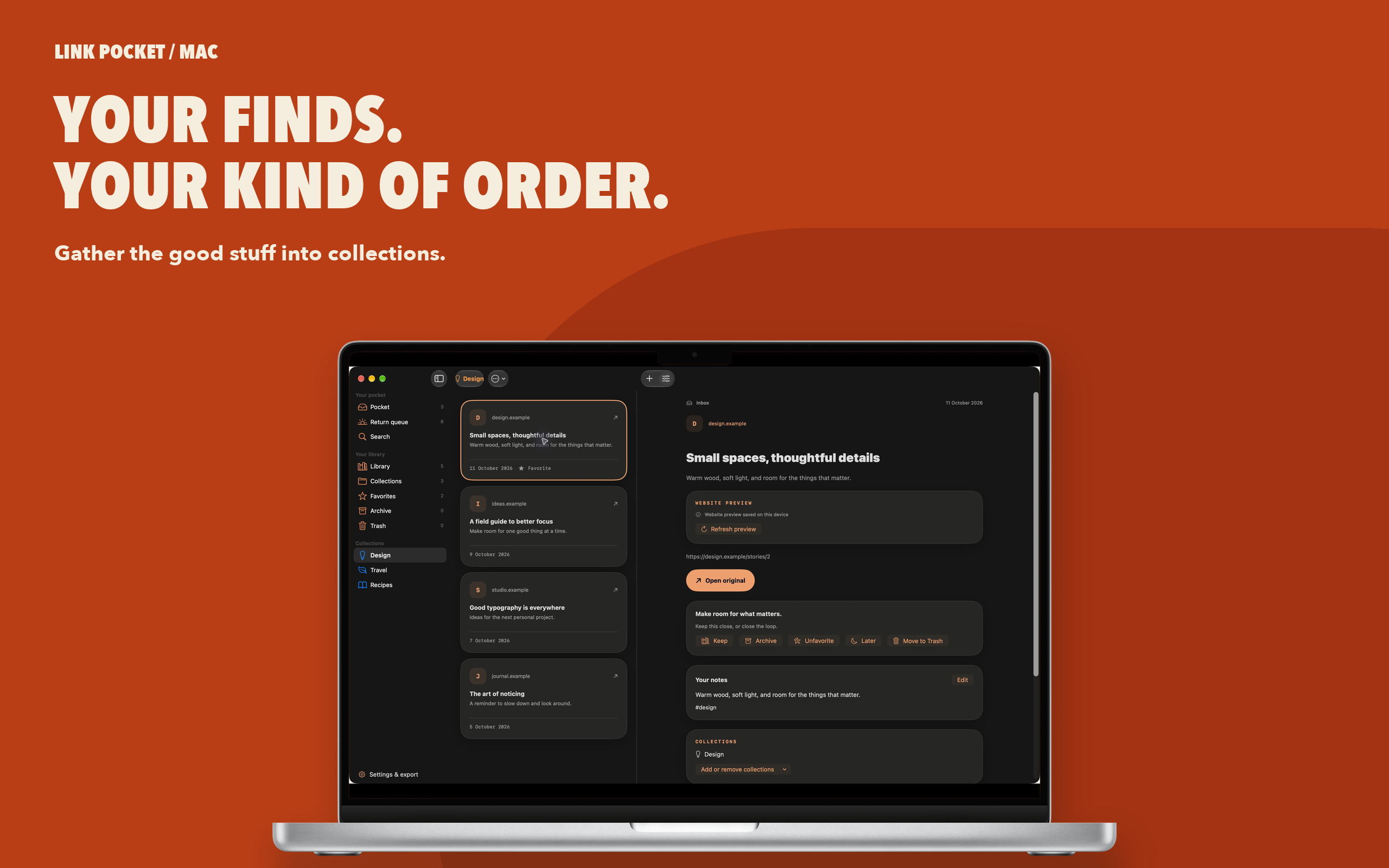 Your finds. Your kind of order. A collection of saved links in Link Pocket on Mac.