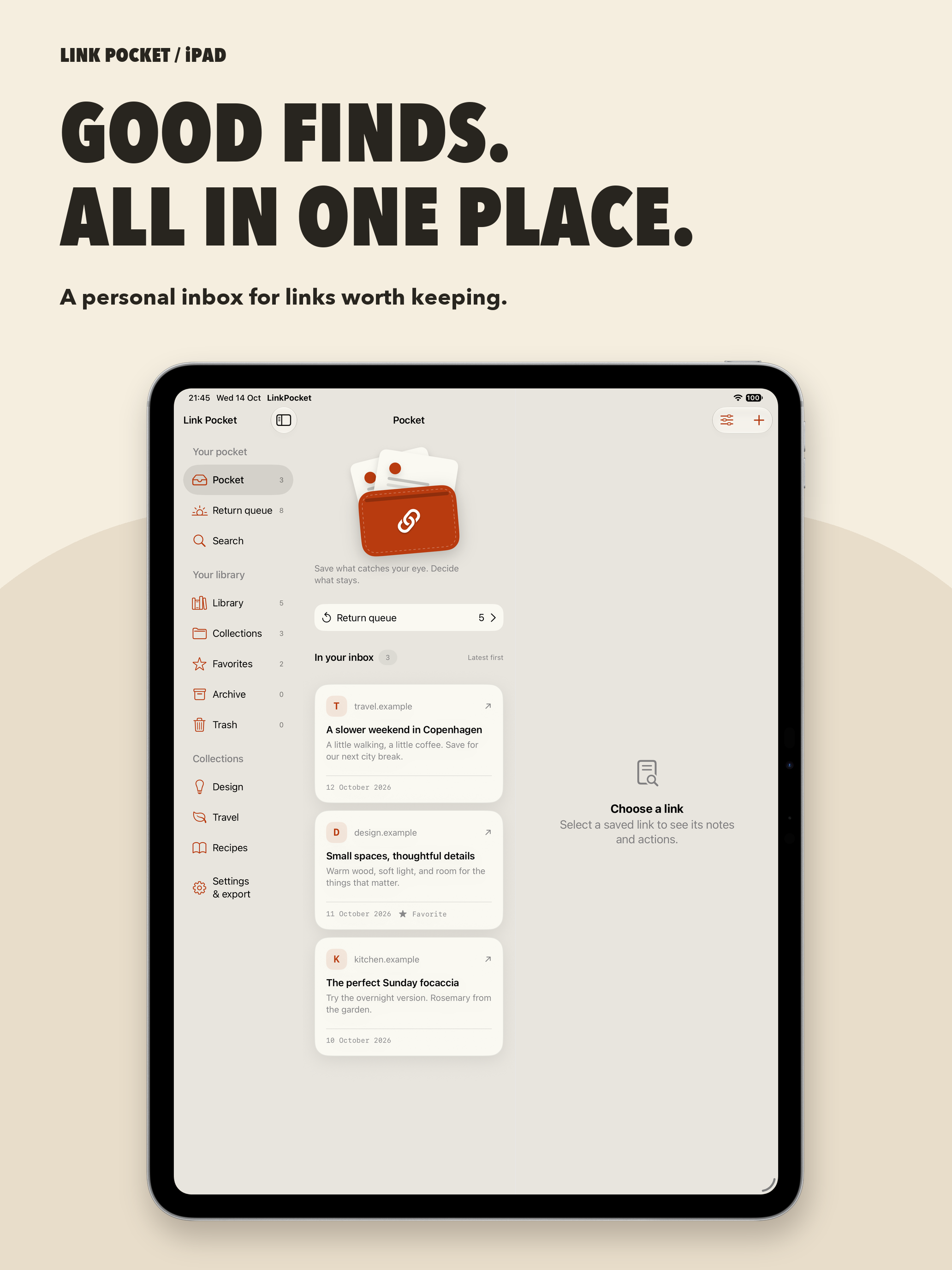 Good finds. All in one place. A Link Pocket Inbox and sidebar on iPad.