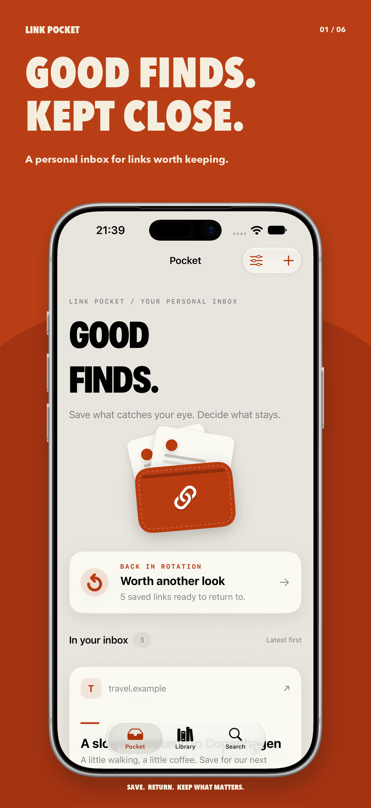 Good finds. Kept close. A Link Pocket Inbox on iPhone.