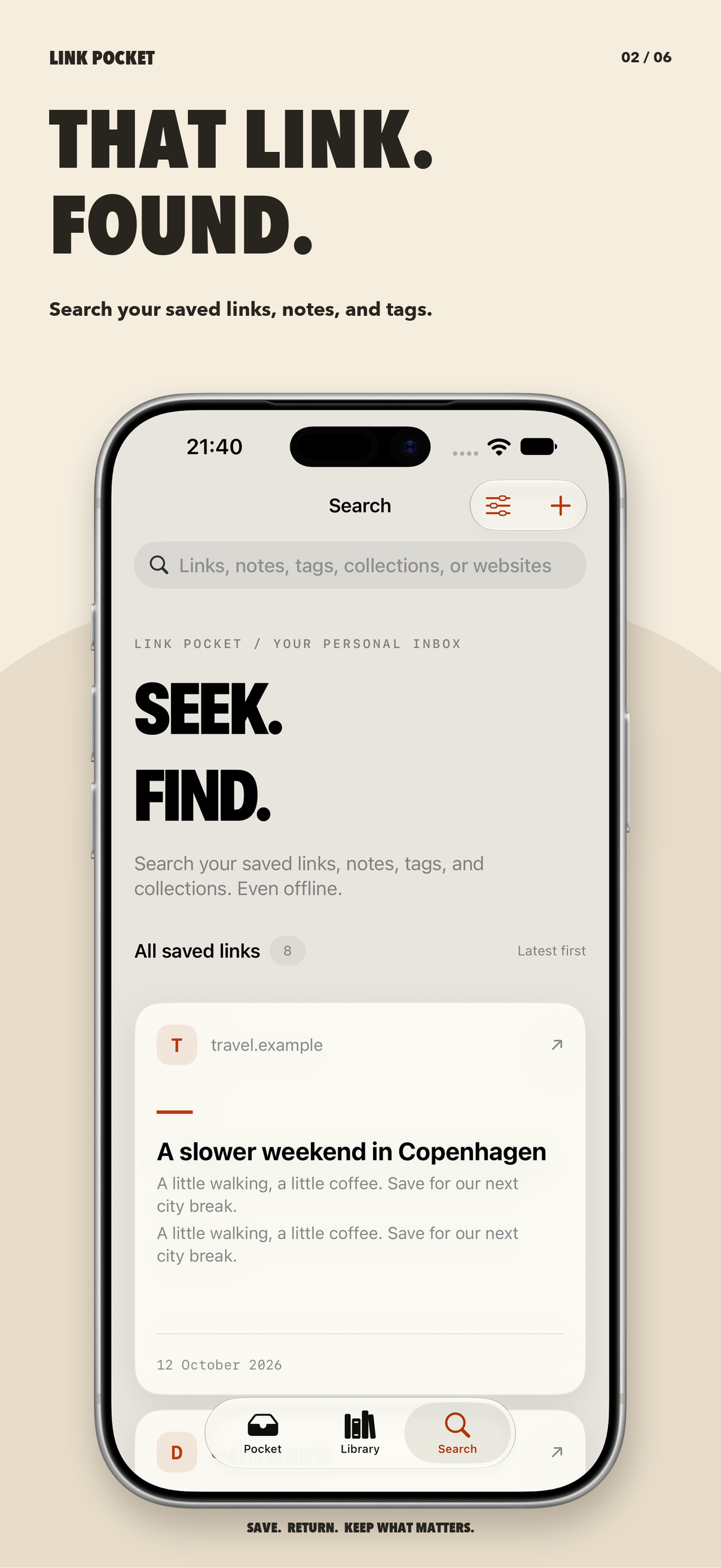 That link. Found. Search results for saved links on iPhone.