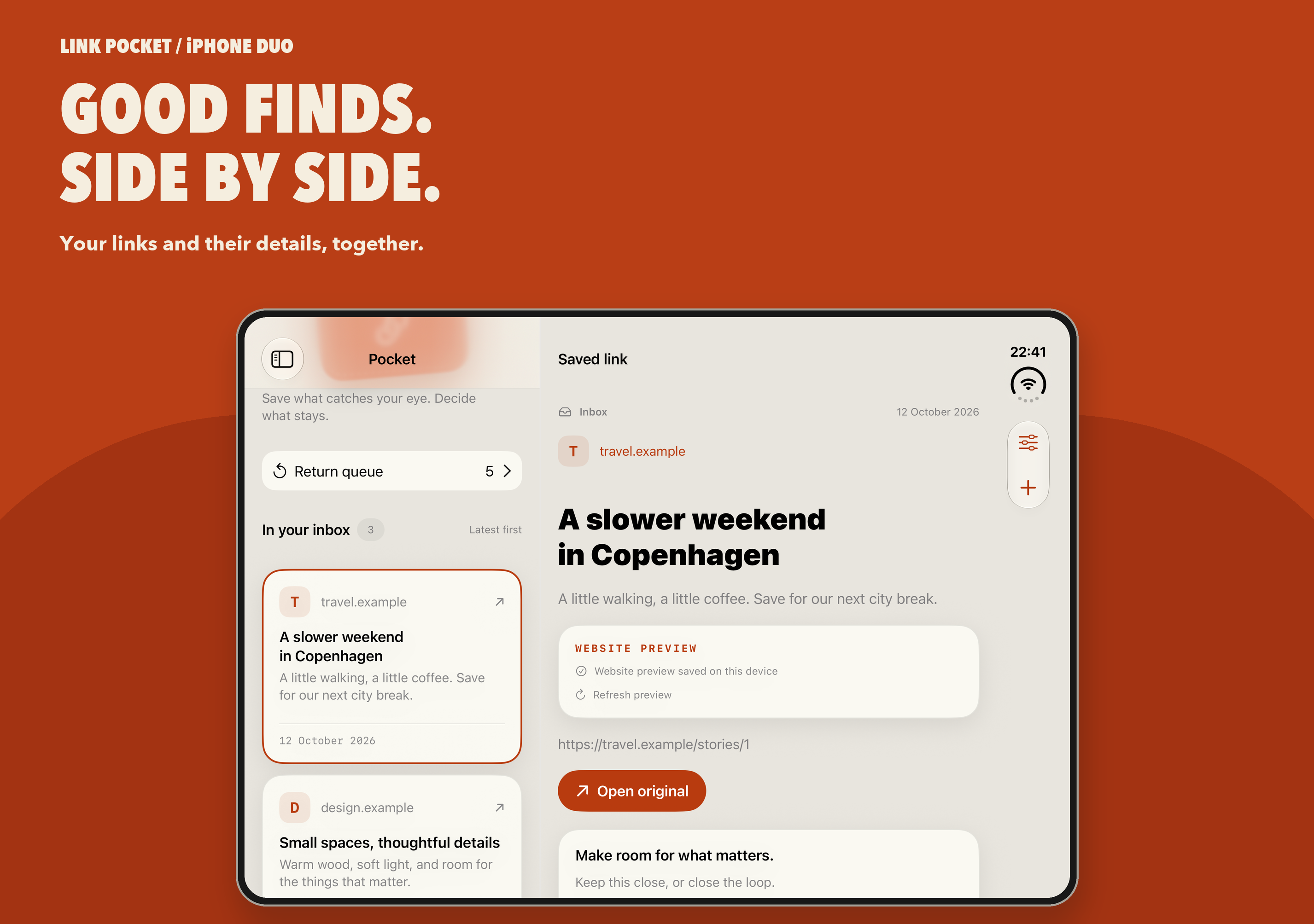 Good finds. Side by side. Saved links and details in an expanded iPhone Duo layout.