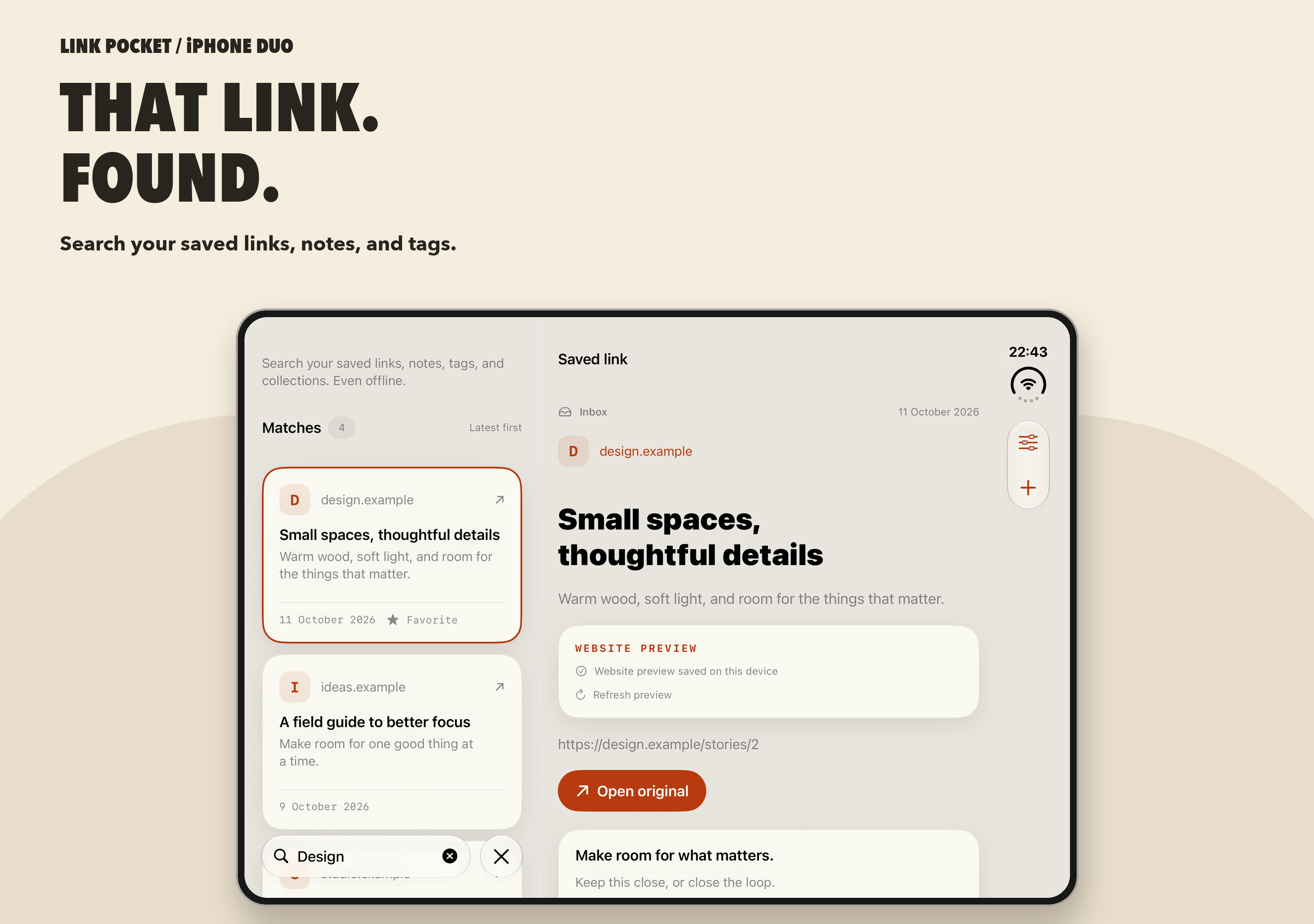 That link. Found. Search results alongside saved link details on iPhone Duo.